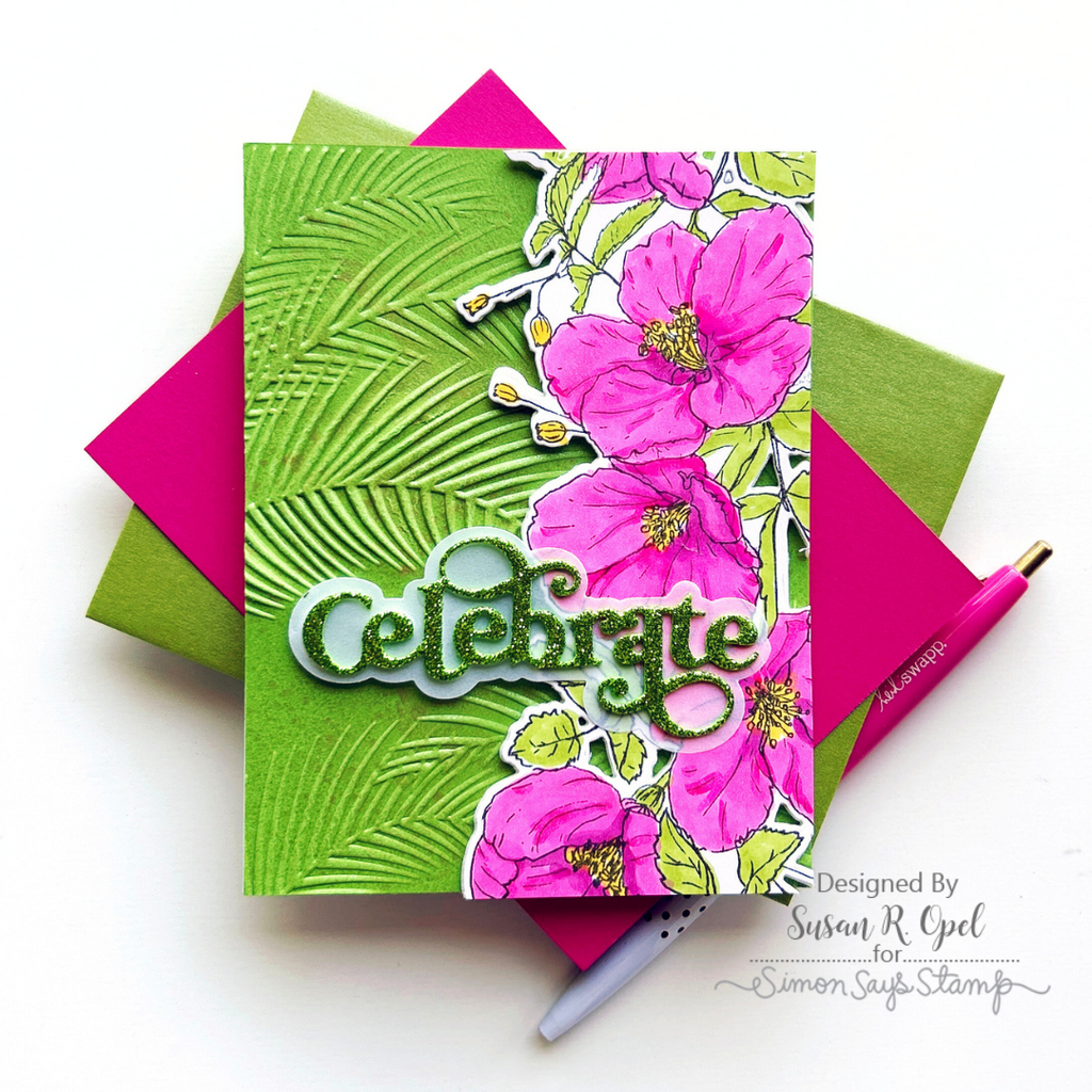 Simon Says Stamp Embossing Folder Feathery Fronds sf384 Sunny Vibes Celebrate Card