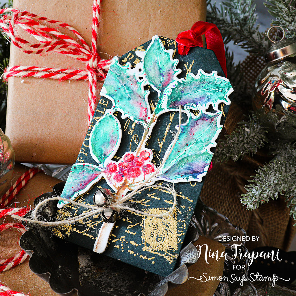 Tim Holtz Festive Collage Stamps with Simon Says Stamp Dies Bundle setfc25 Christmas Tag