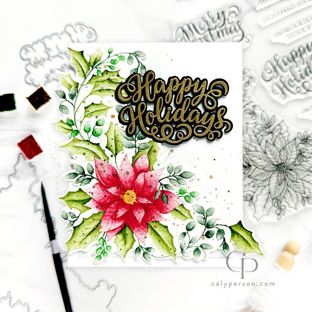 Christmas card with 'Happy Holidays' text, poinsettia flower, and holly leaves on a white background.