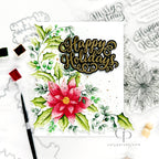 Christmas card with 'Happy Holidays' text, poinsettia flower, and holly leaves on a white background.