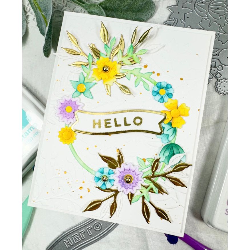 Simon Says Stamp Gentle Layers Floral Wreath Wafer Dies s939 Sunny Vibes Hello Card | color-code:ALT02