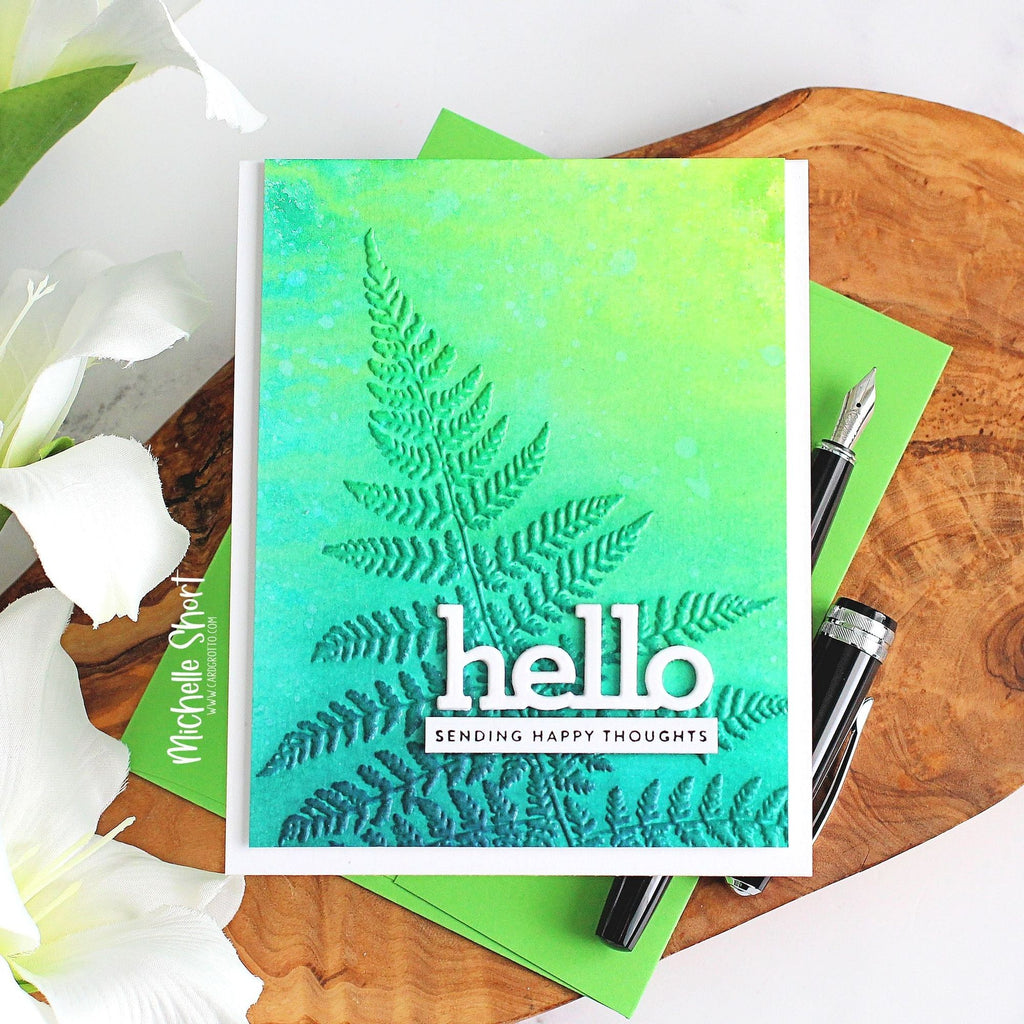 Simon Says Stamp Embossing Folder Golden Fern sf314 Just A Note Hello Card | color-code:ALT01