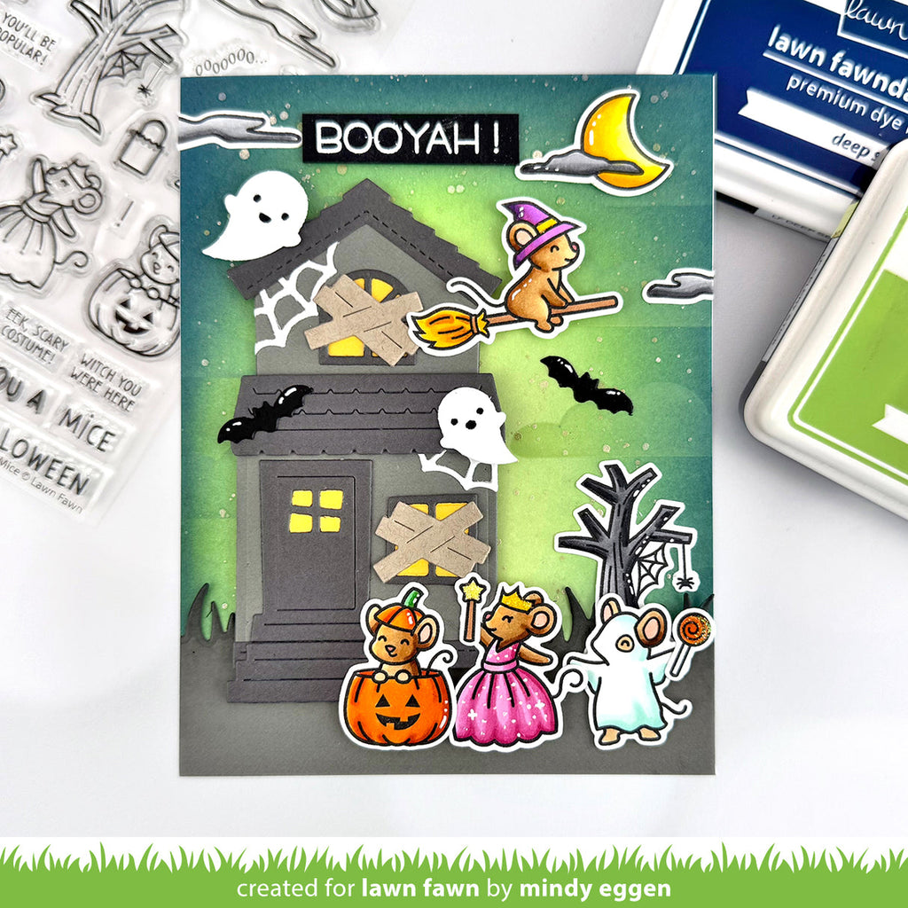 Halloween-themed sticker set with a haunted house, ghosts, and other elements on a green background. | color-code:alt1