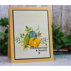 Greeting card with pumpkins and leaves on a white background, featuring 'Thanksgiving Blessings' text.