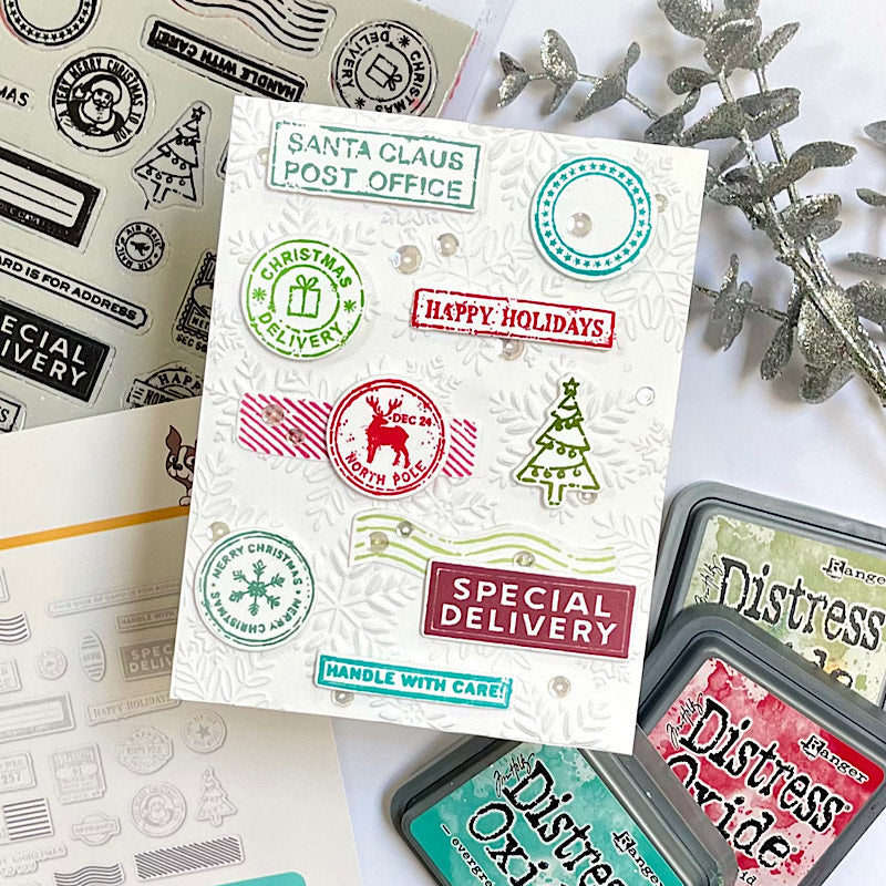 Tim Holtz Holiday Postmarks Stamps with Simon Says Stamp Dies Bundle sethp25 Christmas Card | color-code:ALT01