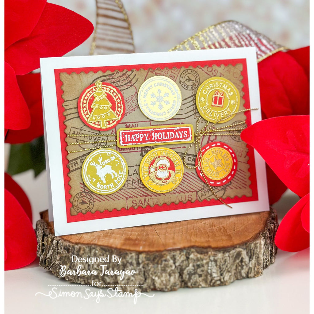 Tim Holtz Holiday Postmarks Stamps with Simon Says Stamp Dies Bundle sethp25 Christmas Card