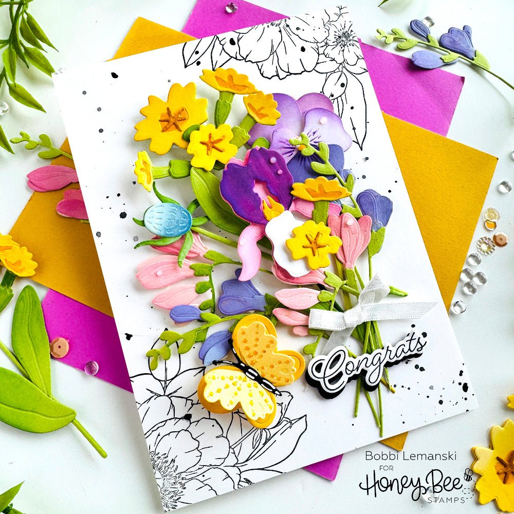 Honey Bee Perfect Peonies Clear Stamps And Dies Bundle Floral Congrats Card