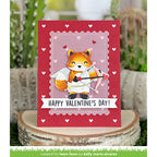 Valentine's Day card with a fox character holding a bow and arrow, surrounded by hearts on a red border.