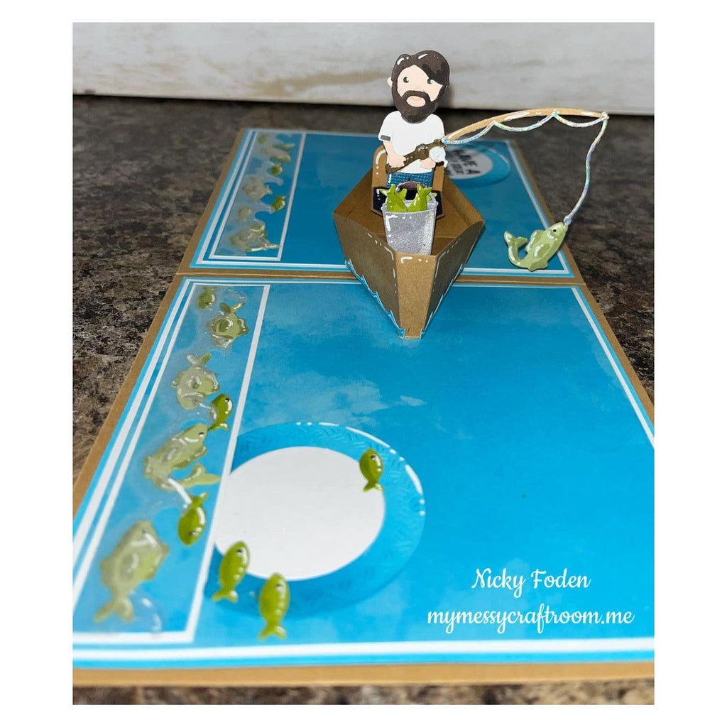 Karen Burniston Boat Pop Up Dies and Fishing Boat Add Ons Set blue water