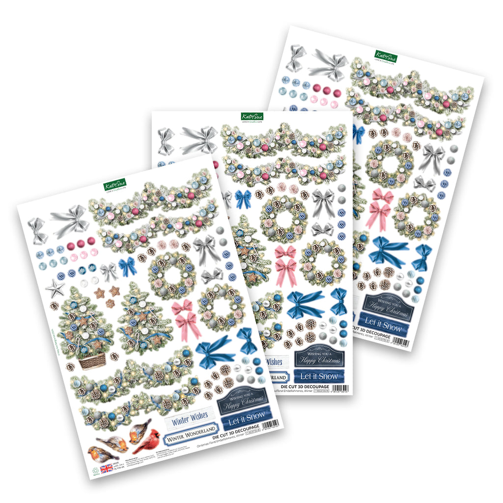 Katy Sue Designs Die Cut Decoupage Christmas Floral Embellishments Winter 11-dcd735-w