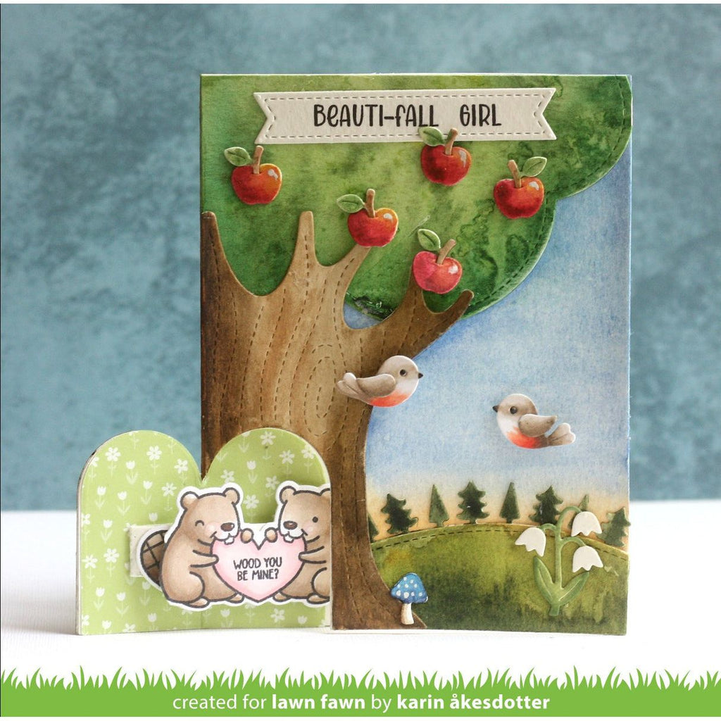 Card with tree, birds, and bears design on a blue background | color-code:alt2