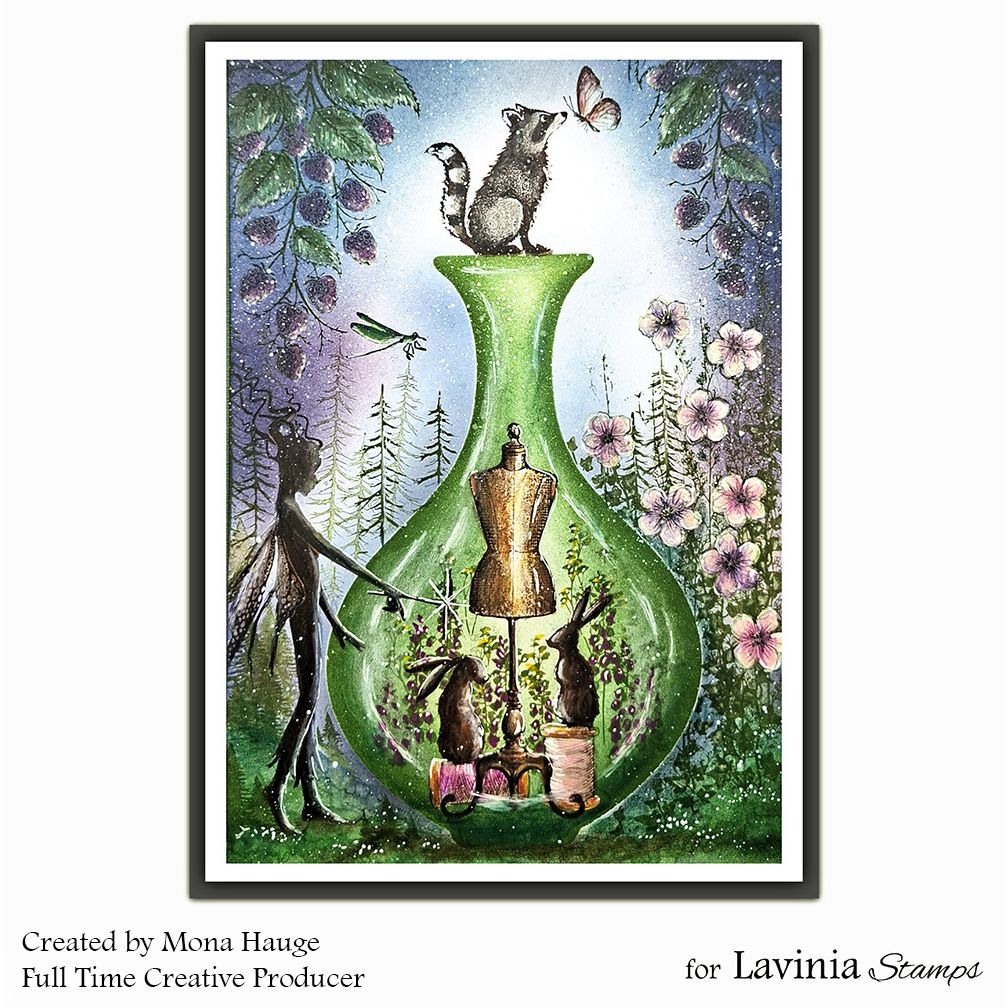 Lavinia Stamps Reels and Needle Clear Stamps lav1060 green bottle card