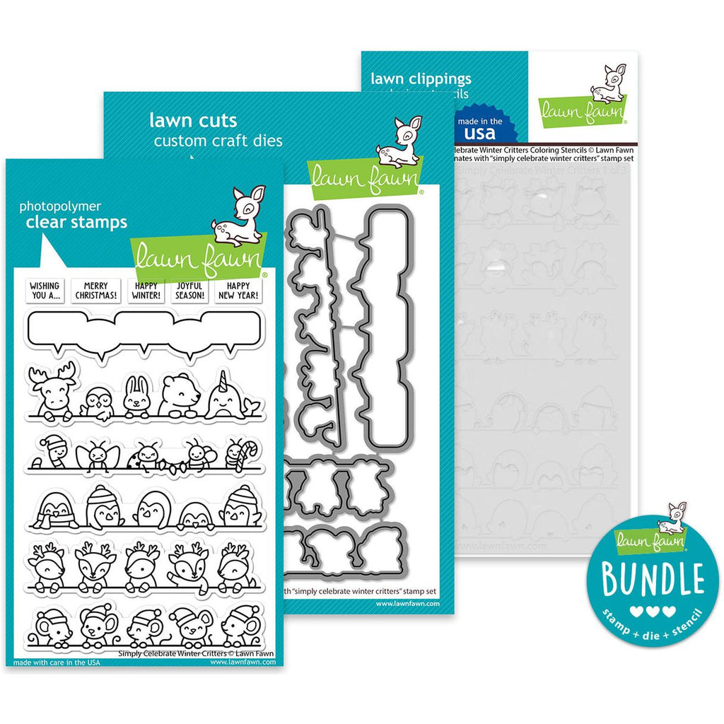 Lawn Fawn Simply Celebrate Winter Critters Stamps Dies and Coloring Stencils Bundle