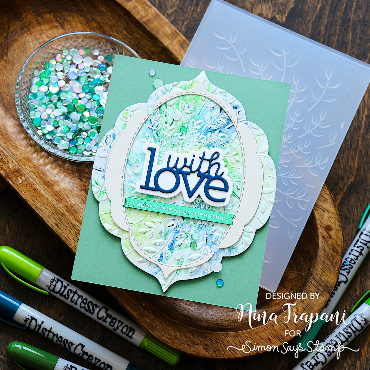 Simon Says Stamp Embossing Folder Leaf Spin sf554 Beautiful Moments With Love Card