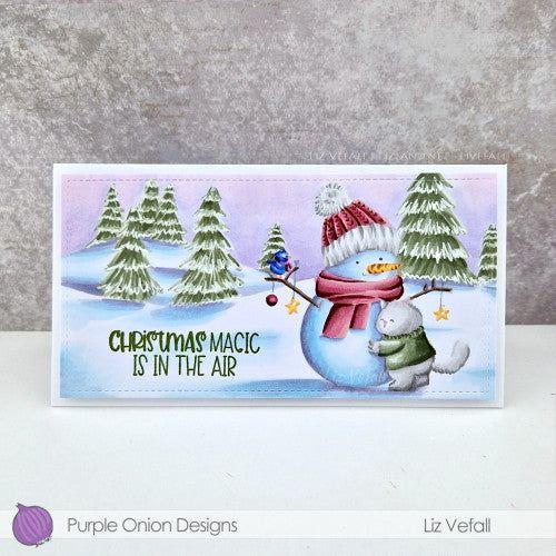 Purple Onion Designs Winter Trees Background Cling Stamp pod5011 Slimline Snowman Christmas Card
