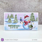 Purple Onion Designs Winter Trees Background Cling Stamp pod5011 Slimline Snowman Christmas Card