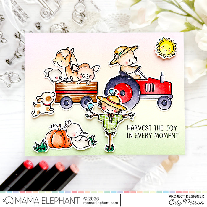 Mama Elephant Fall Harvest Clear Stamps bunny resting on a pumpkin card | color-code:ALT01