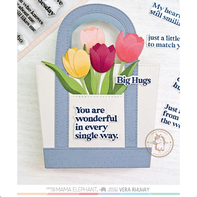 Mama Elephant Still Smiling Clear Stamp and Die Set colorful tulips big hugs bag