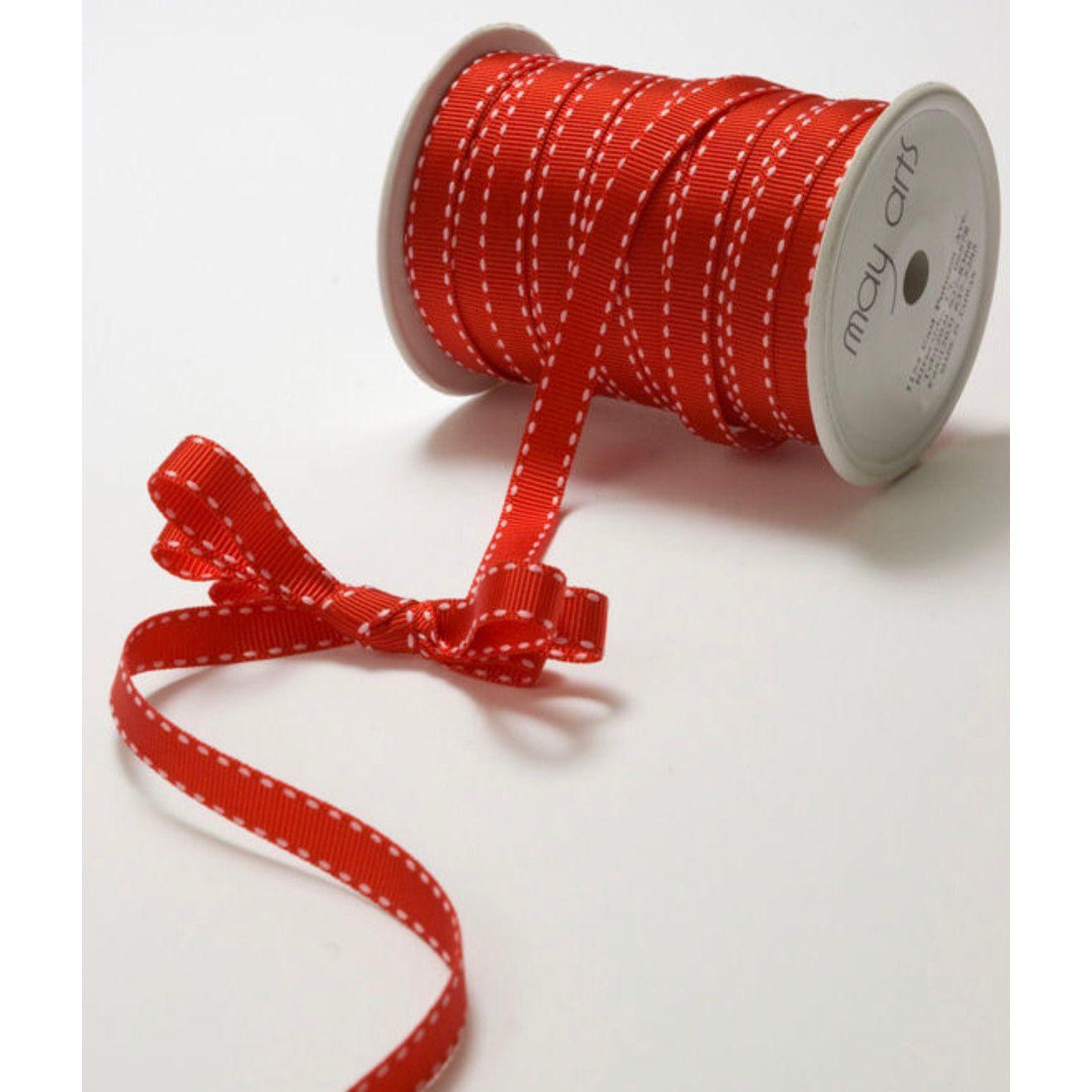 May Arts Red and White Stitch 0.375 Inch Classic Grosgrain Ribbon bh14