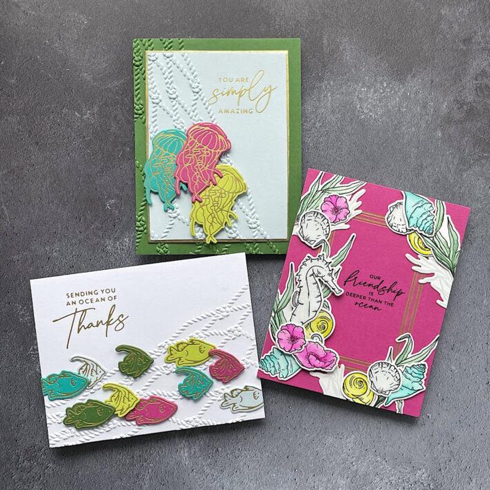 GLP-372 Spellbinders Seahorse Kisses Sentiments Glimmer Hot Foil Plates and Die Set three cards
