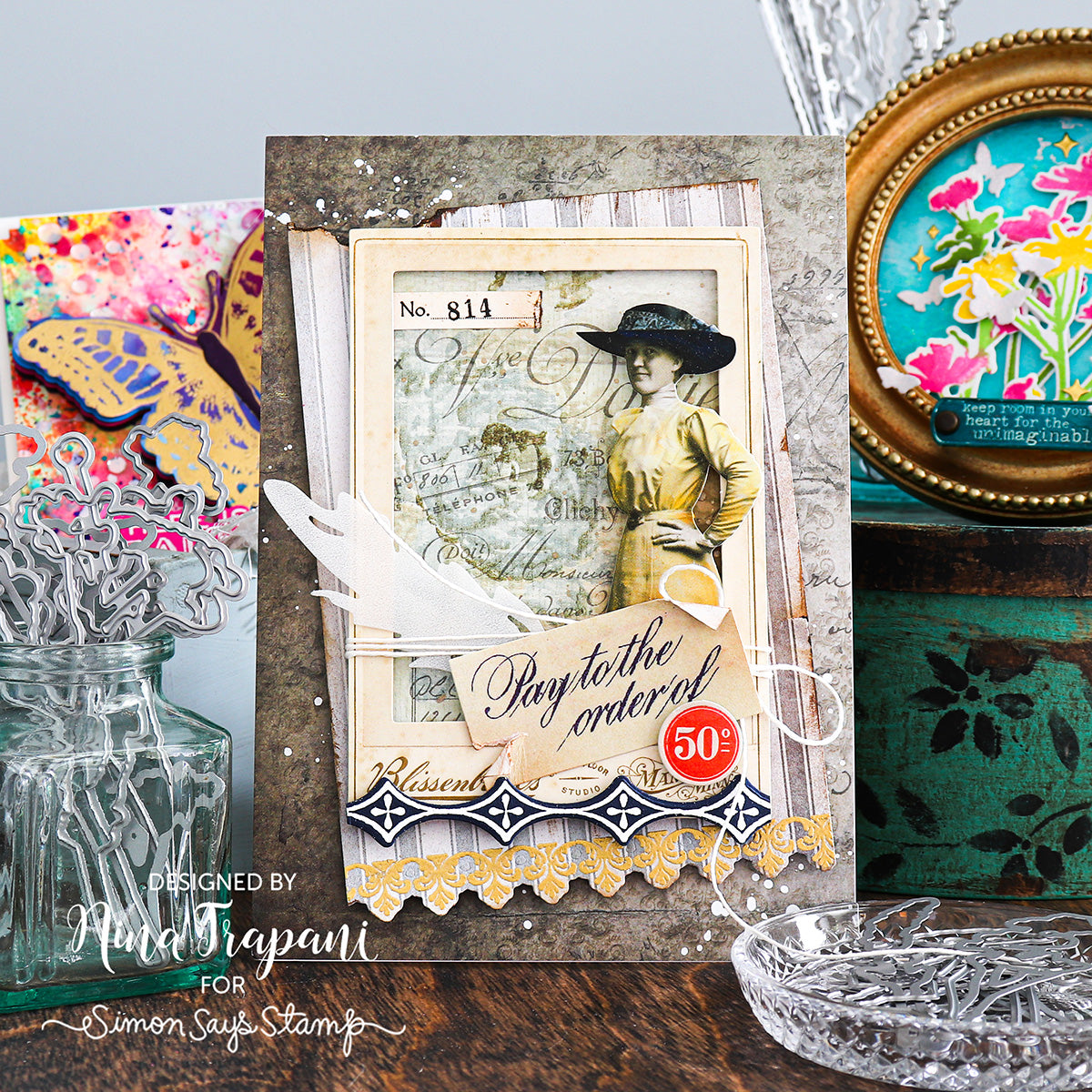 Tim Holtz Ornate Trims Stamps with Simon Says Stamp Dies Bundle setot25 Vintage Card