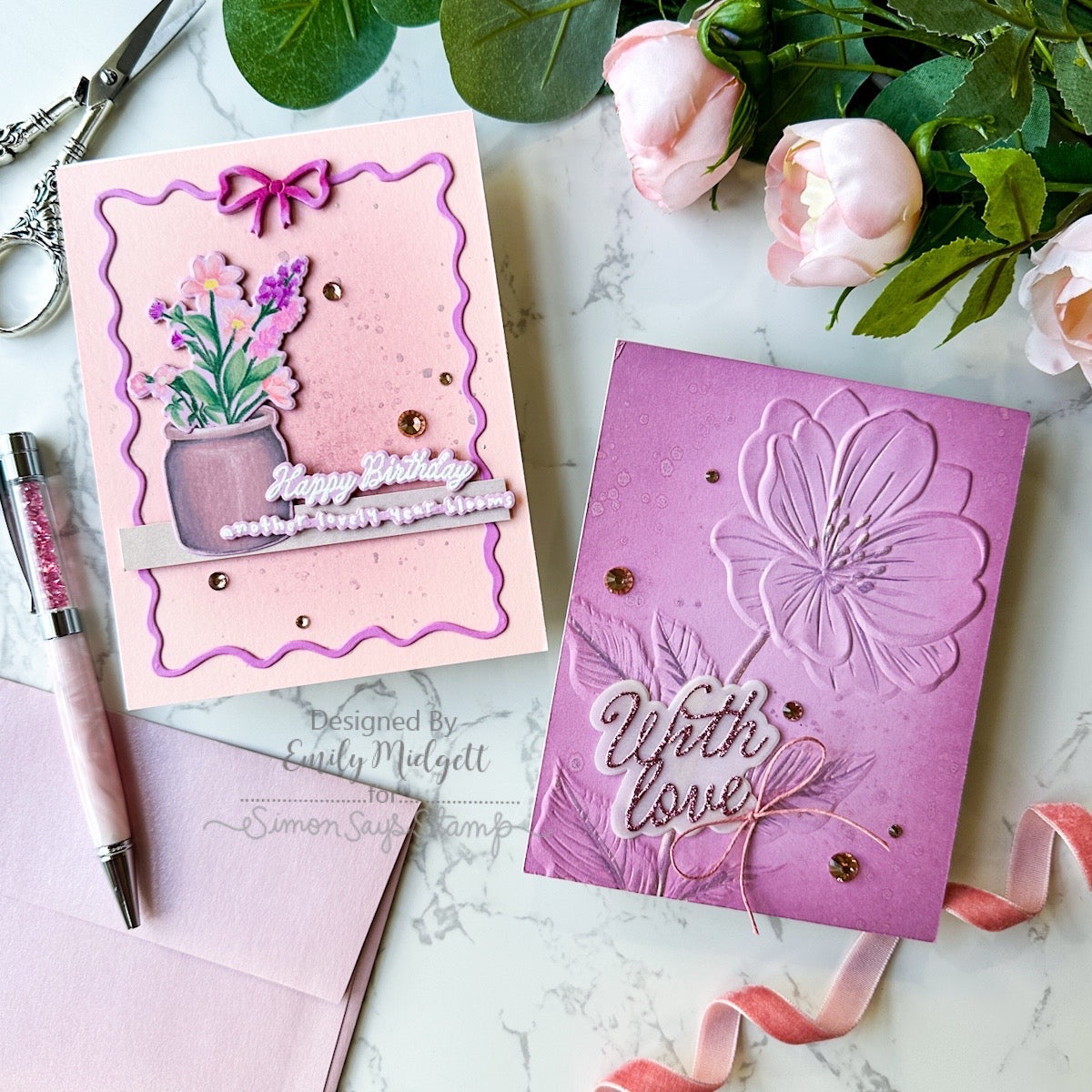 PREORDER Simon Says Stamp Card Kit of the Month August 2026 Made to Flourish ck0826 Emily Midgett Pink Floral Card Duo | color-code:ALT03