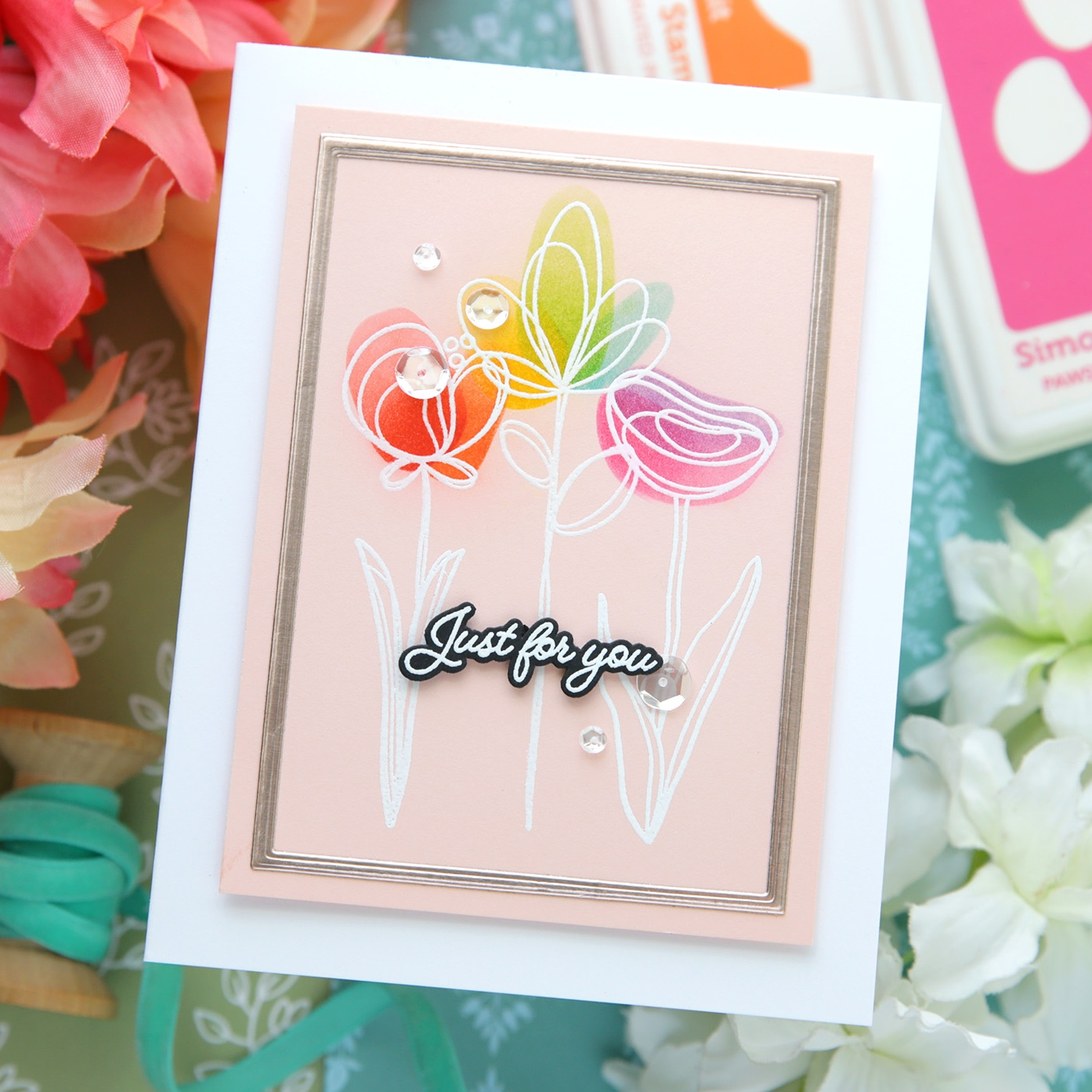PREORDER Simon Says Stamps Dies and Stencil Long Stem Florals set1218ls Just for You Card Laura Bassen | color-code:ALT11