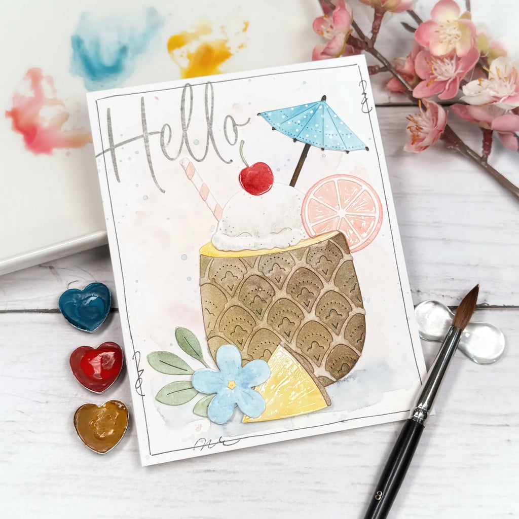 Papertrey Ink Build-A-Pineapple Dies pti-1115 blue drink umbrella hello card