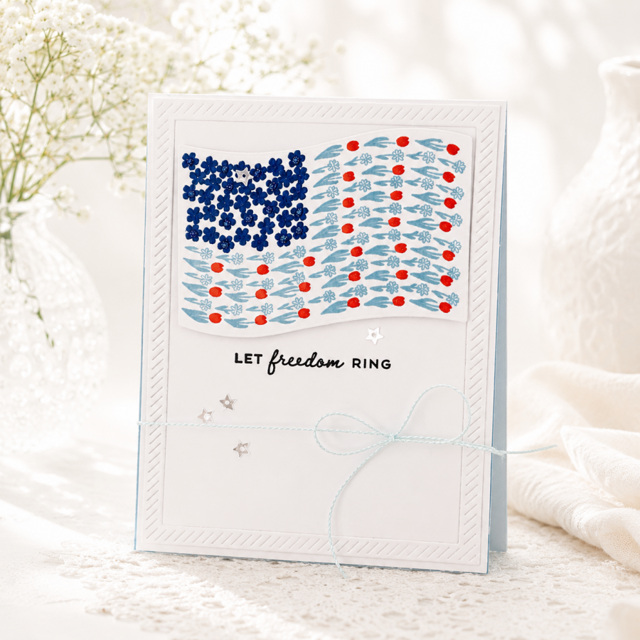 Papertrey Ink Freedom in Bloom Clear Stamp and Die Set red white blue flowers tulips daisies stars bow card