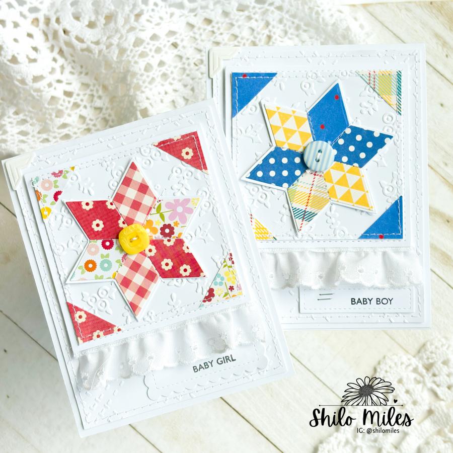 Papertrey Ink Quilt It Baby Clear Stamp and Die Set stars red blue yellow flowers gingham polka dots plaid babycard