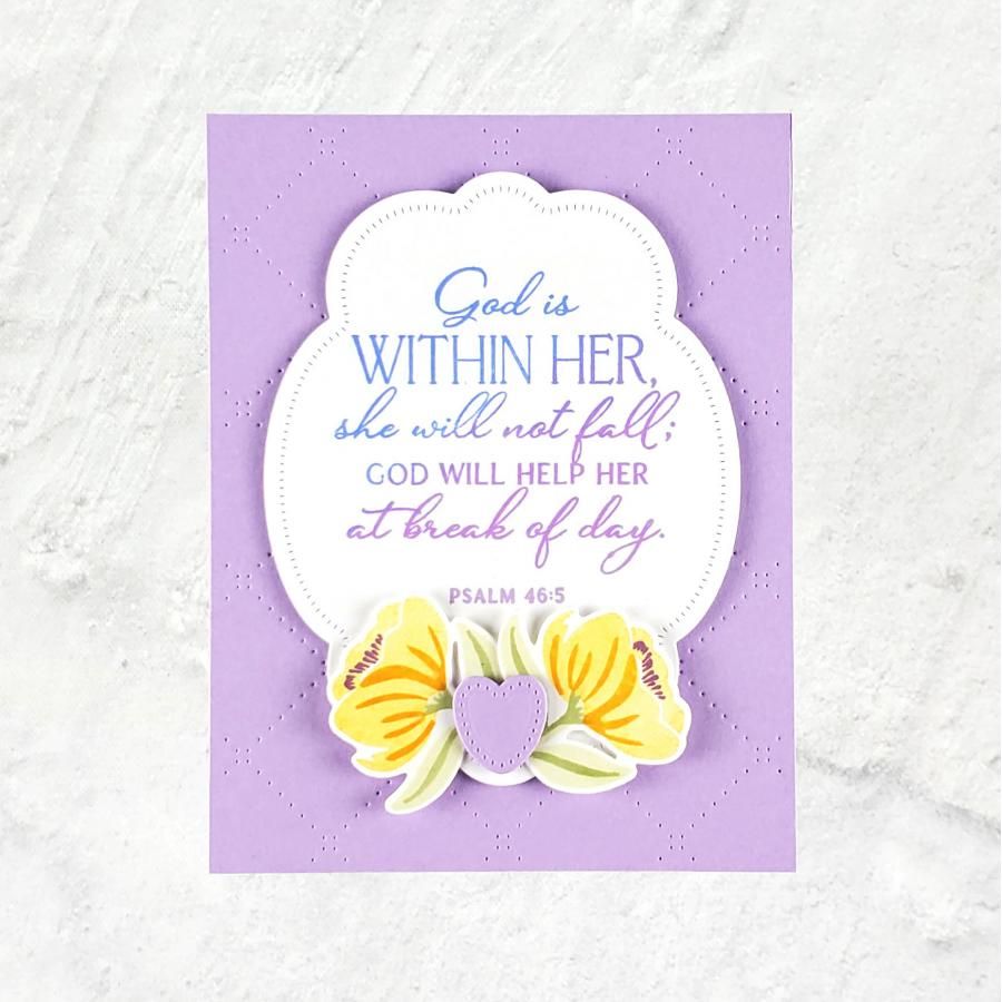 Papertrey Ink Reflections Psalm 46 Clear Stamps 1708 purple stitched diamonds yellow flower heart card