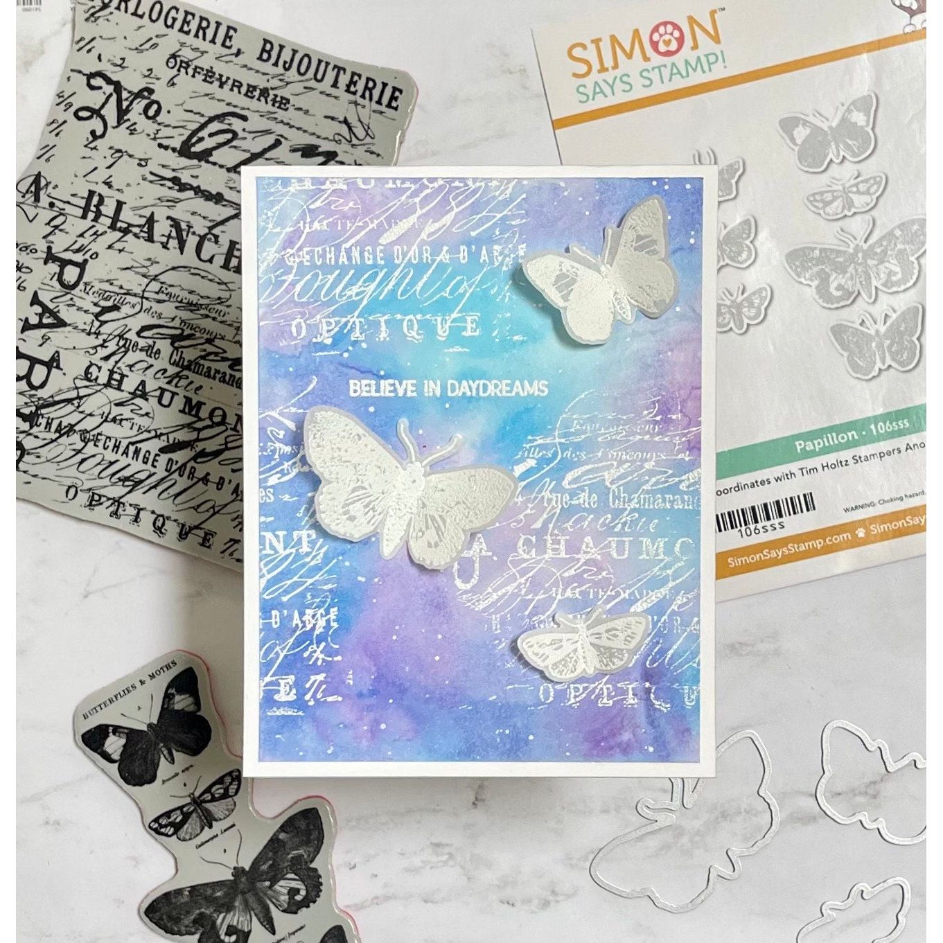 Tim Holtz Papillon Stamps with Simon Says Stamp Dies Bundle setpp25 Daydreams Card | color-code:ALT05