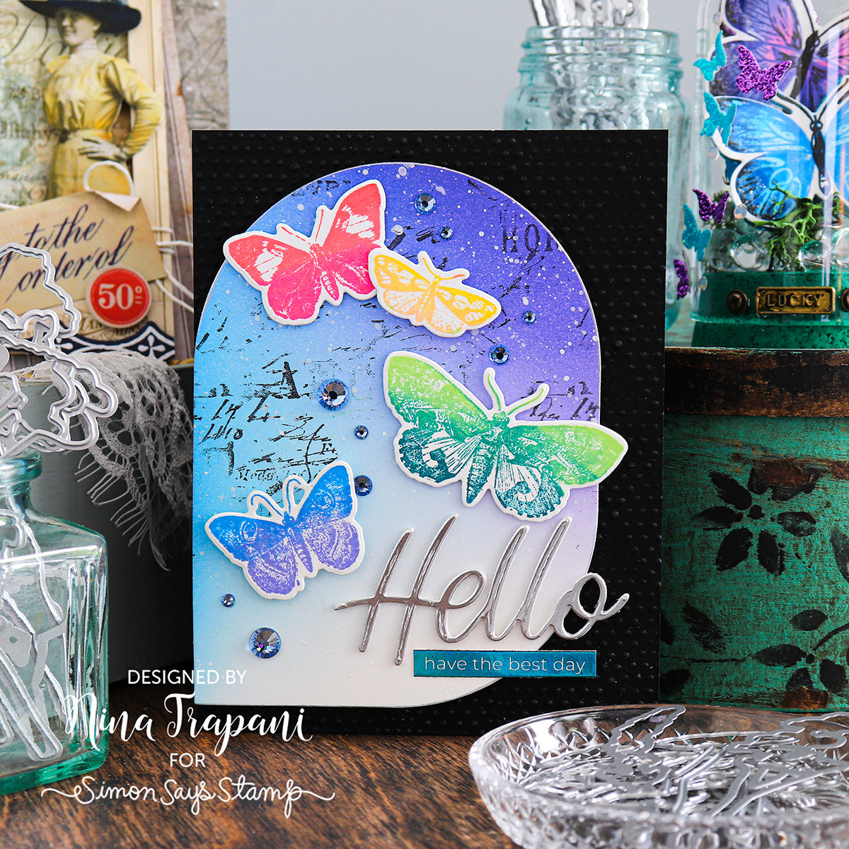 Tim Holtz Papillon Stamps with Simon Says Stamp Dies Bundle setpp25 Hello Card