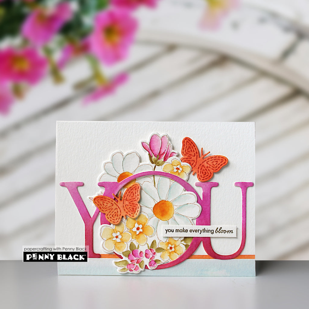 Penny Black Blossom Bunches Clear Stamp and Die Set orange butterflies