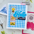 Pink and Main Floral Frames Clear Stamp and Die Set blue plaid background