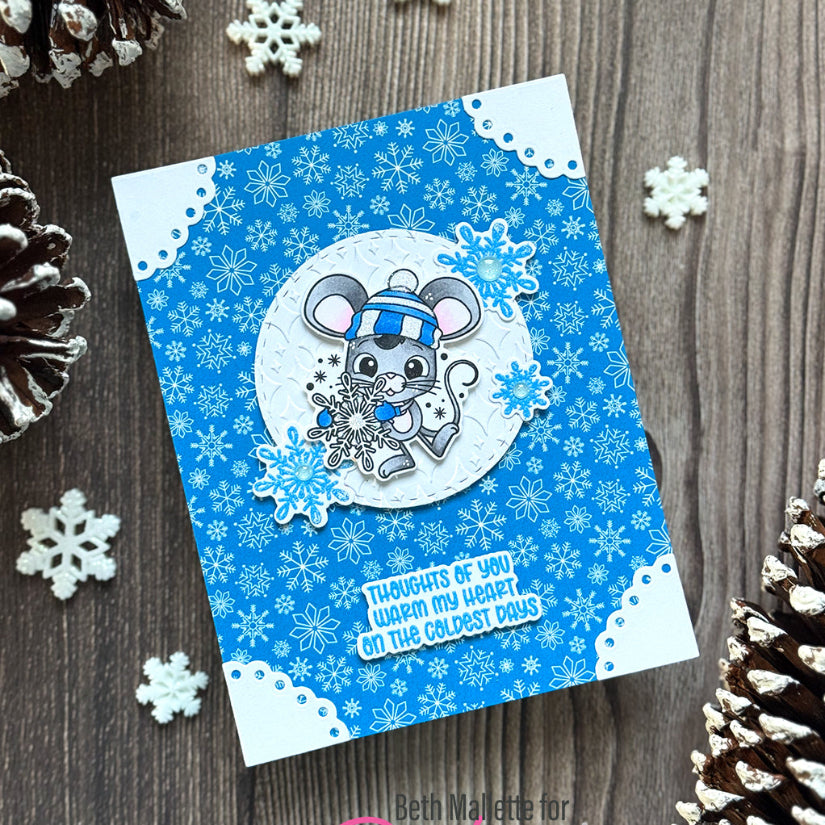 Pink and Main November Mouse Clear Stamp and Die Set snowflakes
