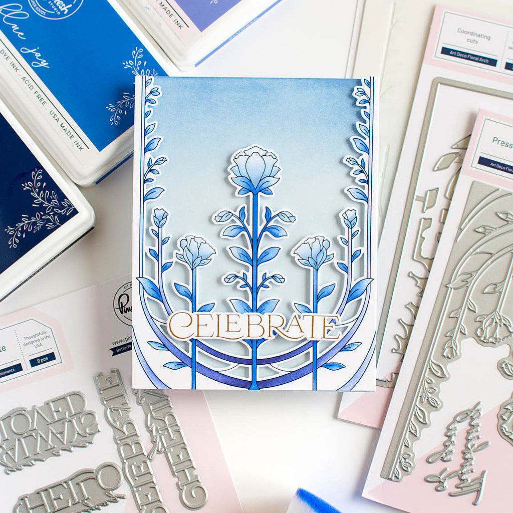 Pinkfresh Studio Art Deco Floral Arch Dies 255724 Blue Celebrate Card