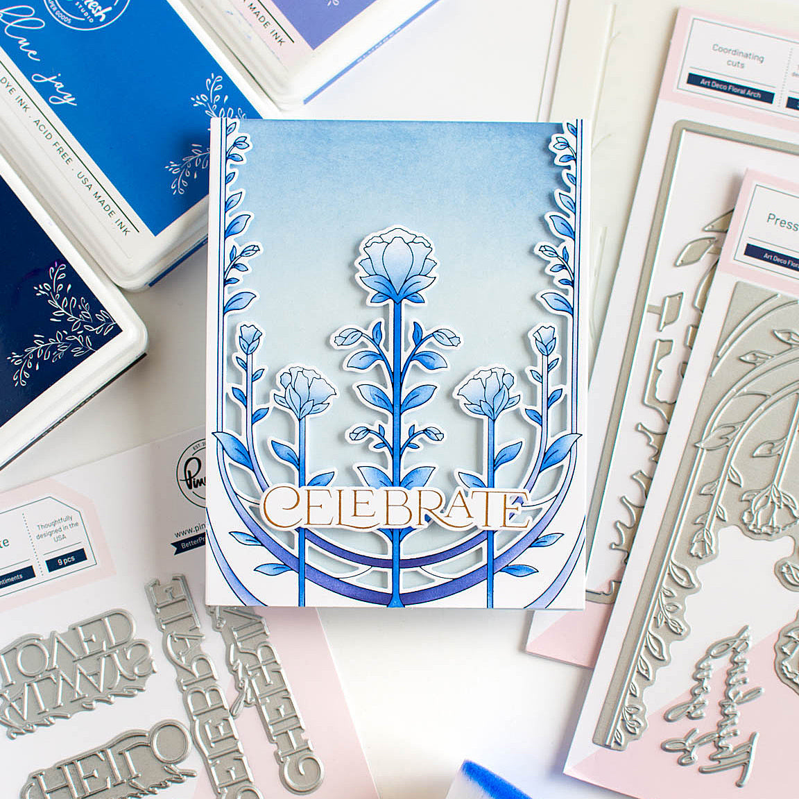 Pinkfresh Studio Art Deco Floral Arch Press Plate 255924 Celebrate Blue Floral Card