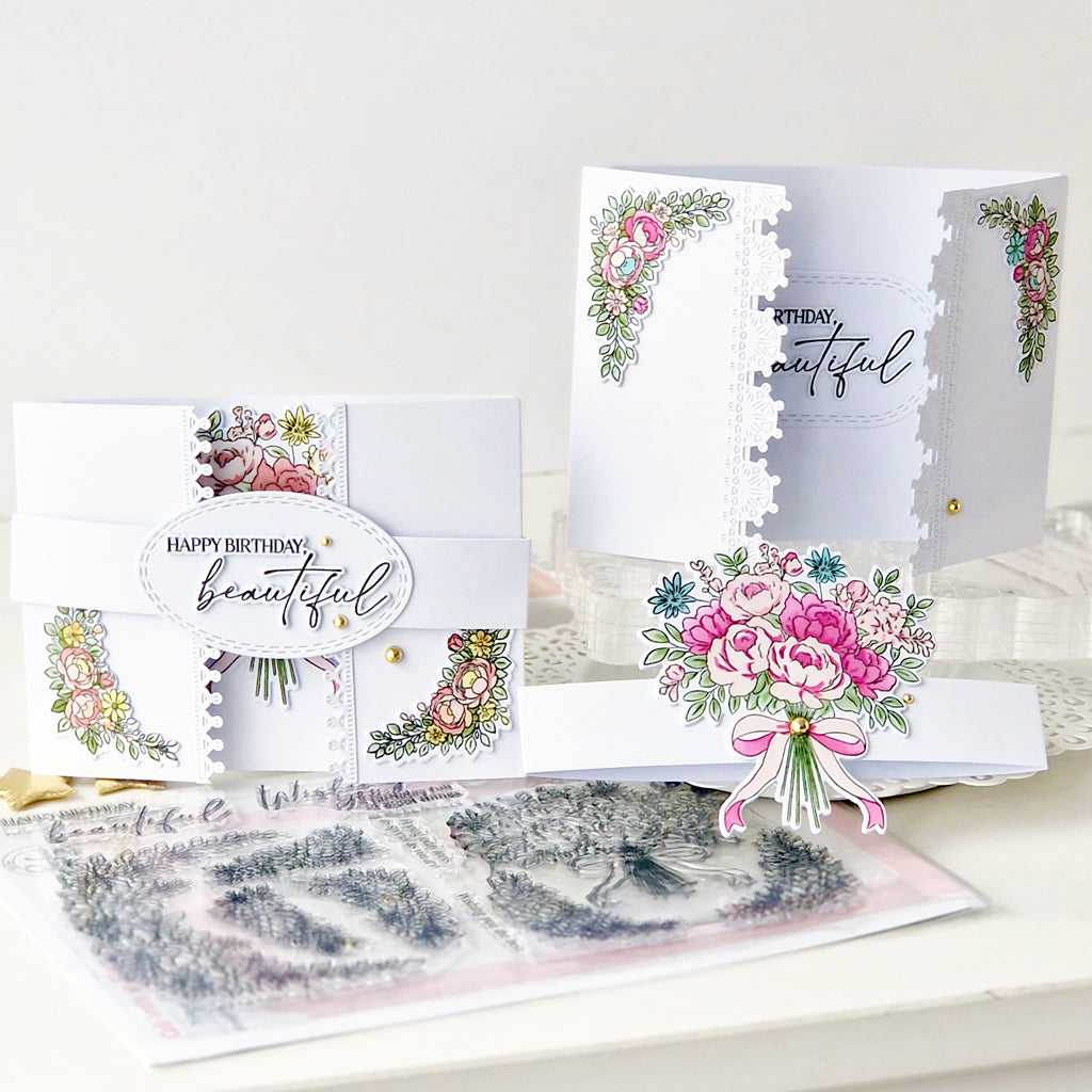 Pinkfresh Studio Celebrate In Blooms Clear Stamps 322226 Anett Floral Fancy Edge Belly Band Cards