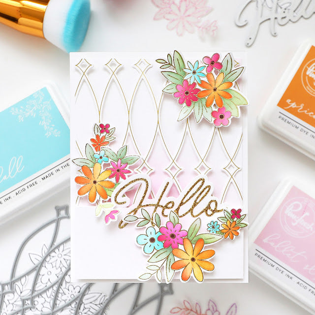 Pinkfresh Studio Cheerful Blossoms Die 262824 Floral Hello Card | color-code:ALT01