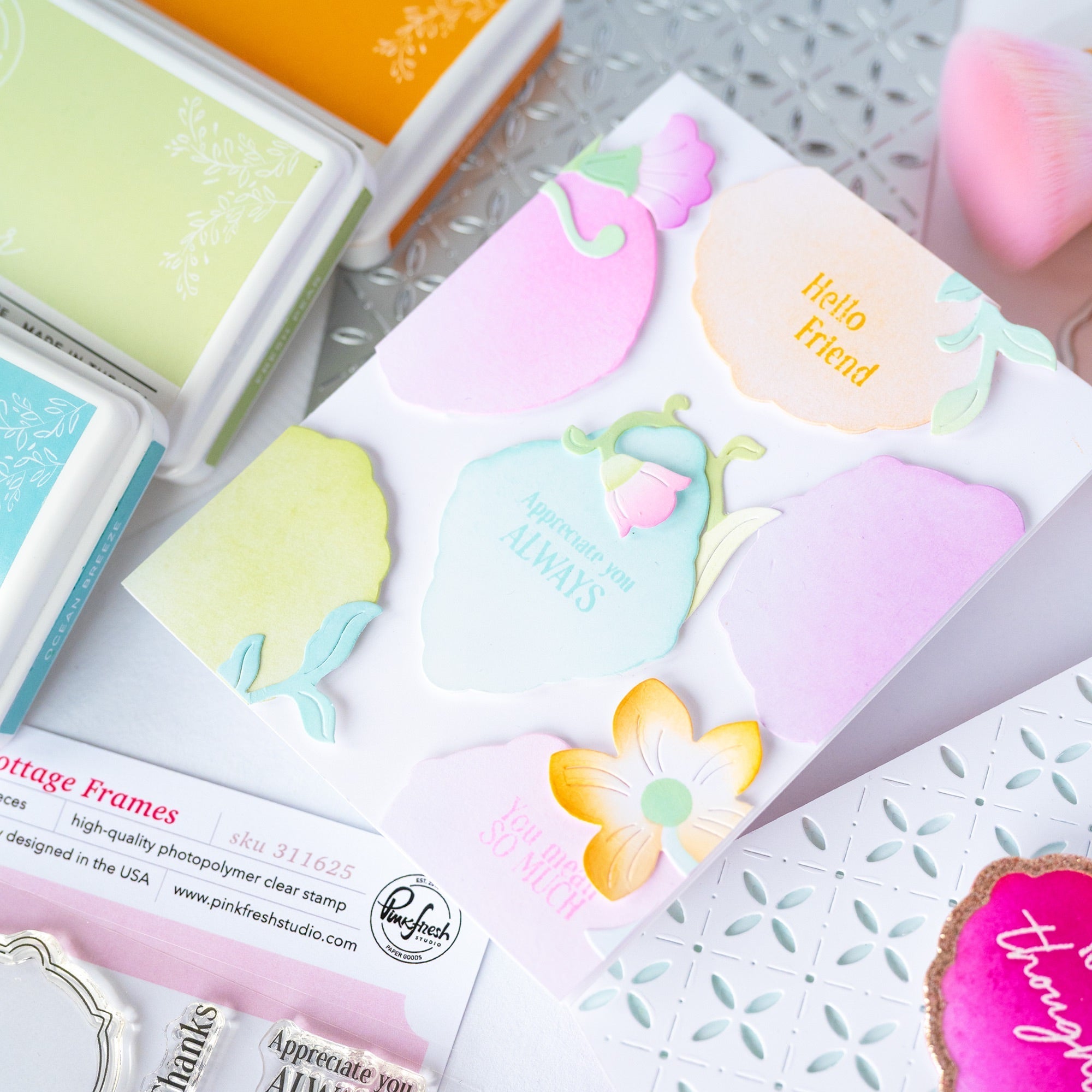 Pinkfresh Studio Cottage Frames Clear Stamps Dies Stencil And Press Plates Bundle Hello Friend Card