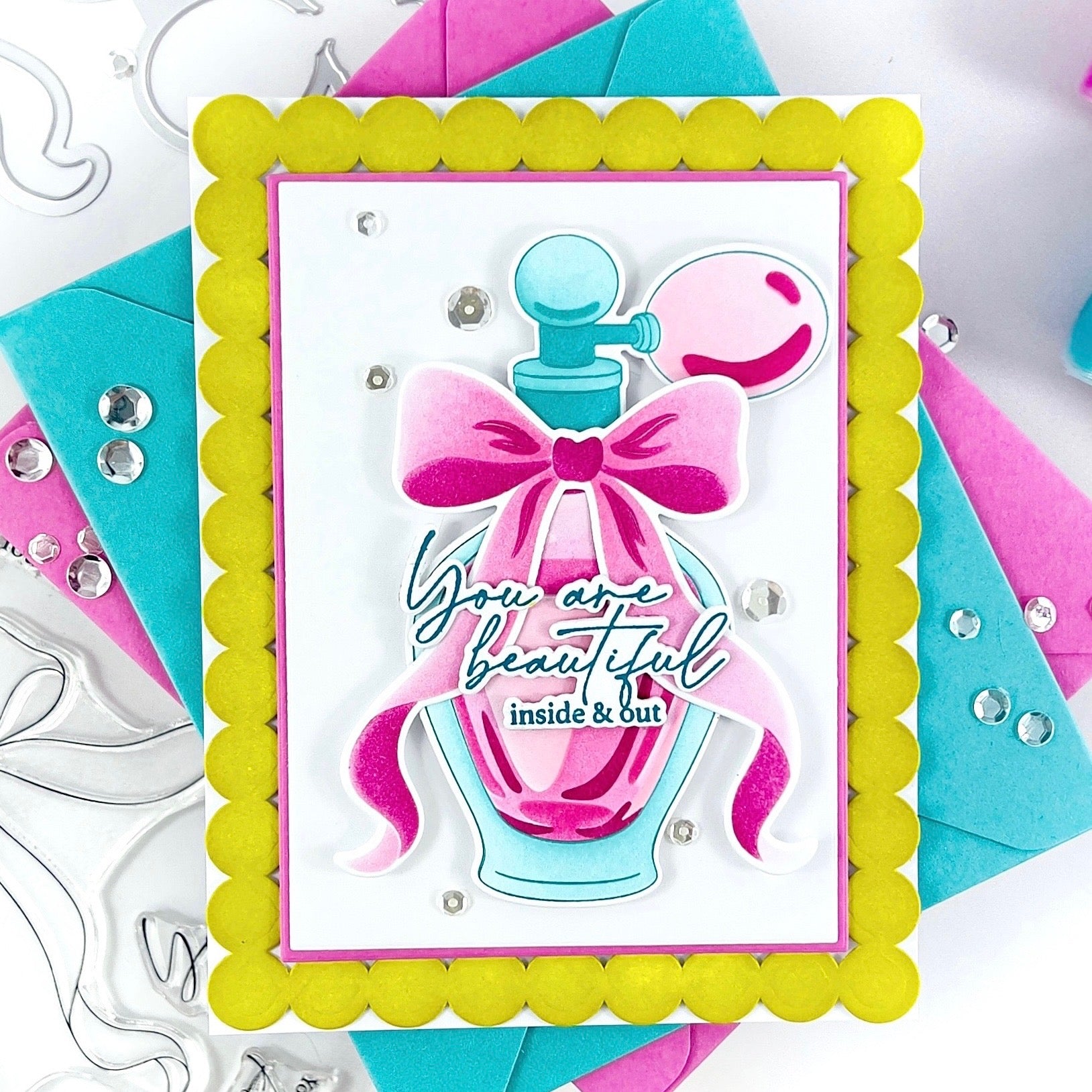 Pinkfresh Studio Elegant Essence Stencils 314126 Your Are Beautiful Inside And Out Card