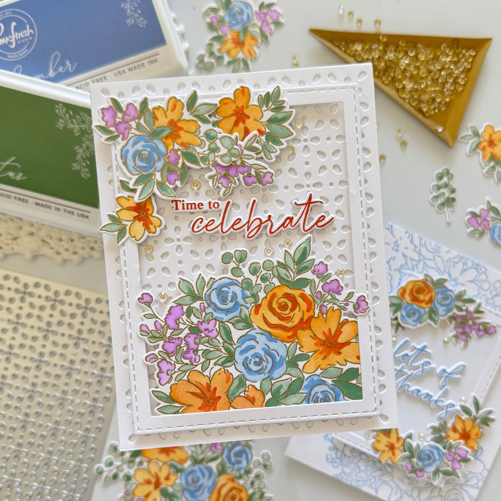 Pinkfresh Studio Floral Lattice Coverplate Die 300725 Time To Celebrate Card