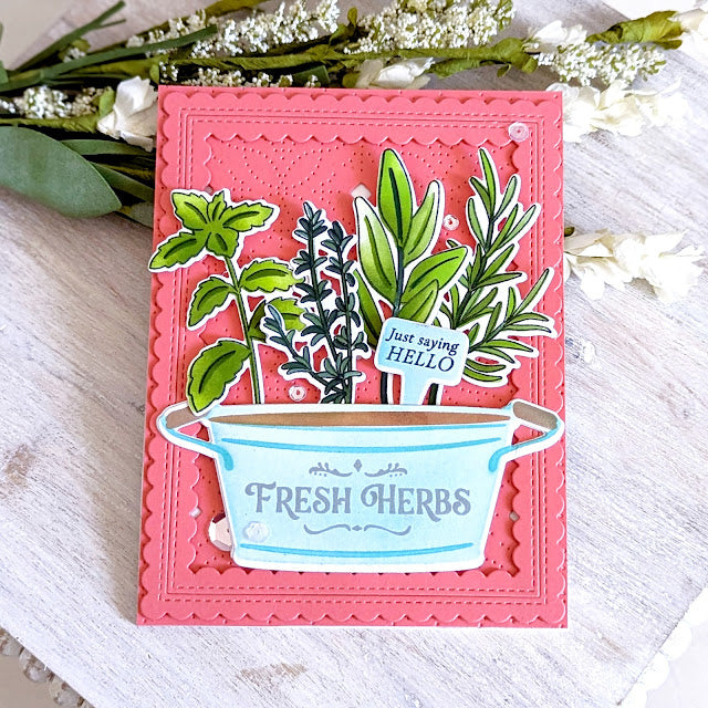 Pinkfresh Studio Herb Garden Stamps Dies And Stencils Bundle Saying Hello Card | color-code:ALT02