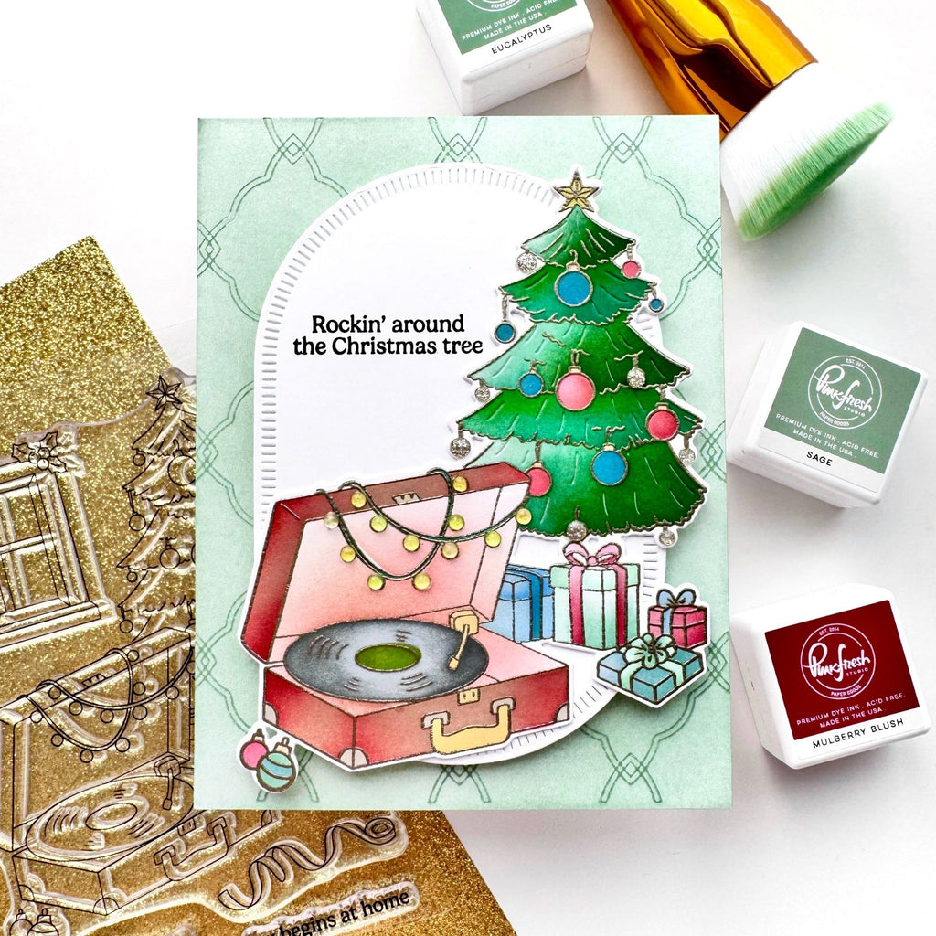 Pinkfresh Studio Interlaced Quatrefoil Press Plate 260224 Rocking Around The Christmas Tree Card