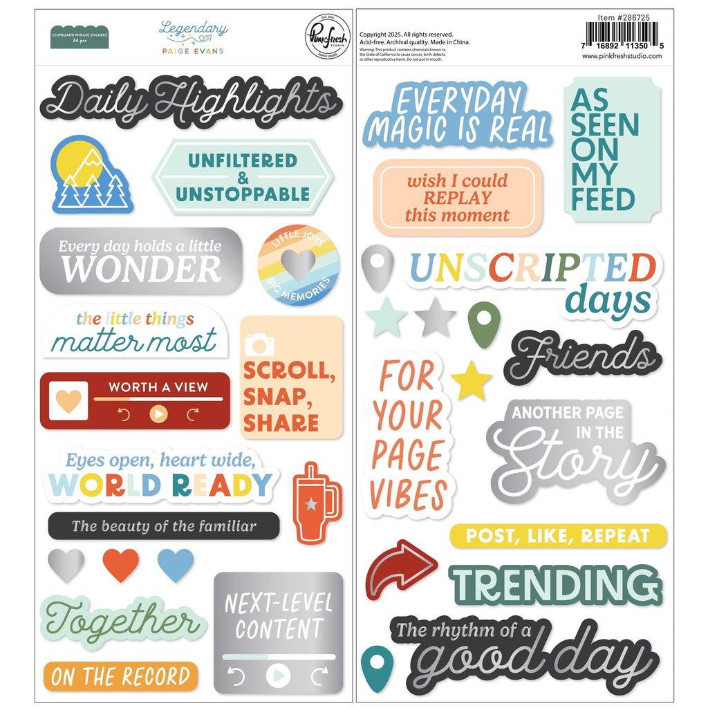 Pinkfresh Studio Legendary Chipboard Phrase Stickers 286725