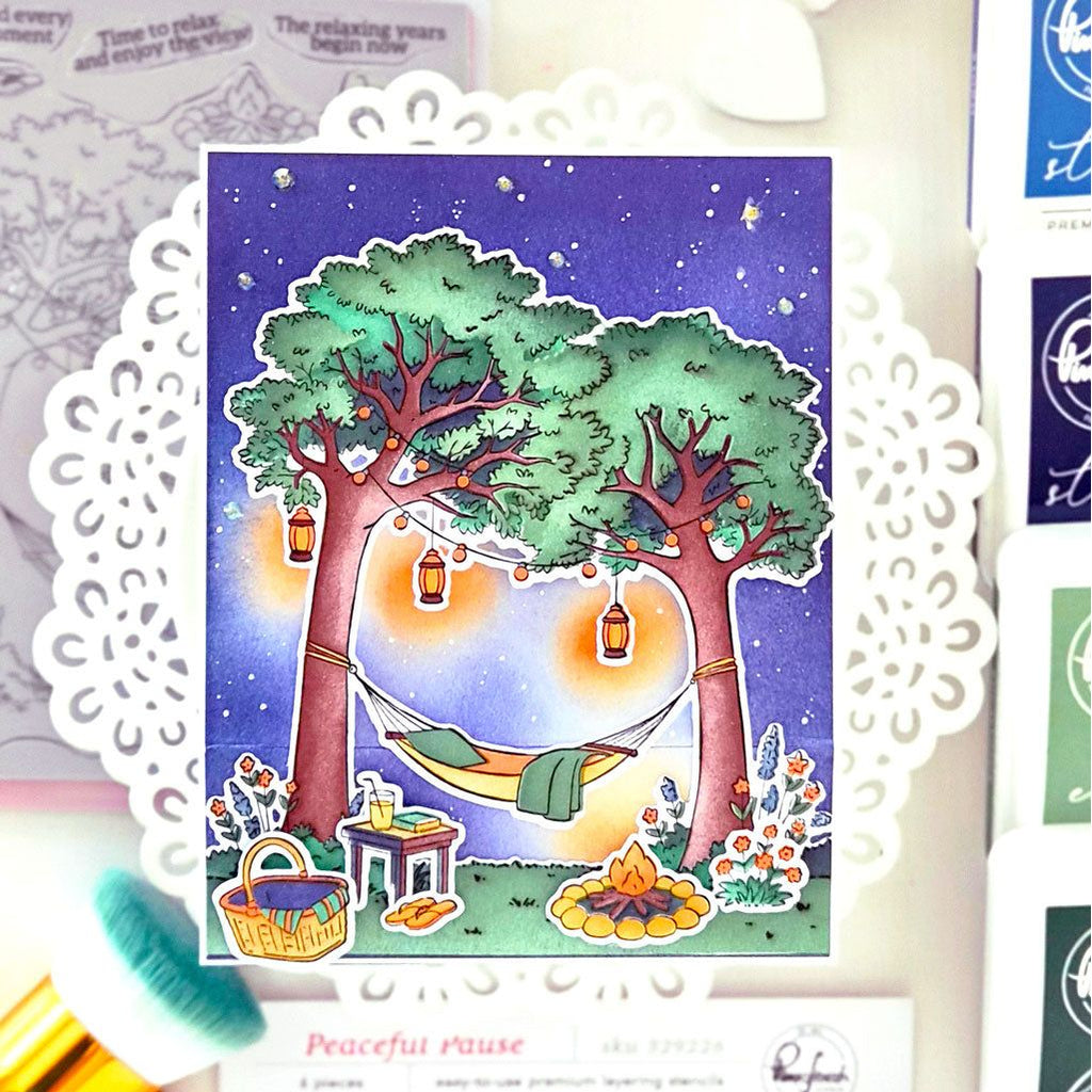 Pinkfresh Studio Peaceful Pause Stencils 329226 Anett Hammock Card
