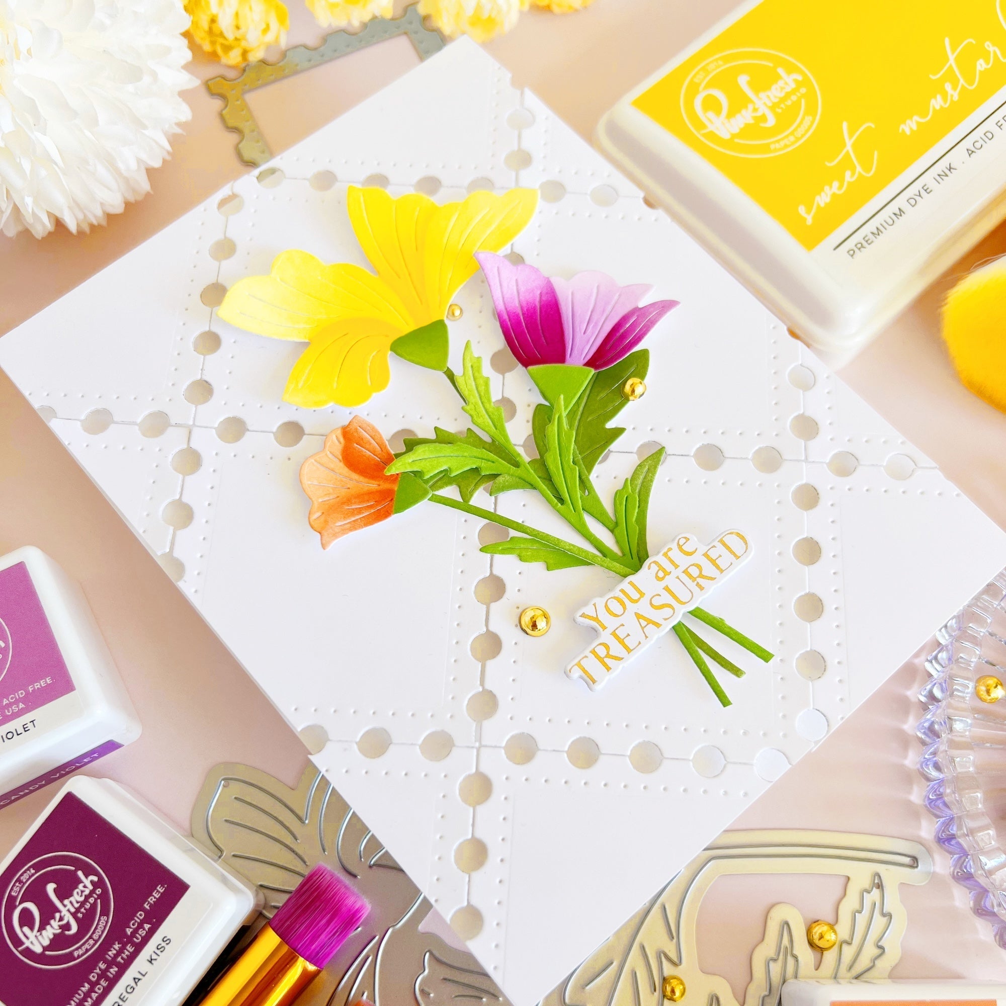 Pinkfresh Studio Petal Perfection Die And Stencils Bundle You Are Treasured Card