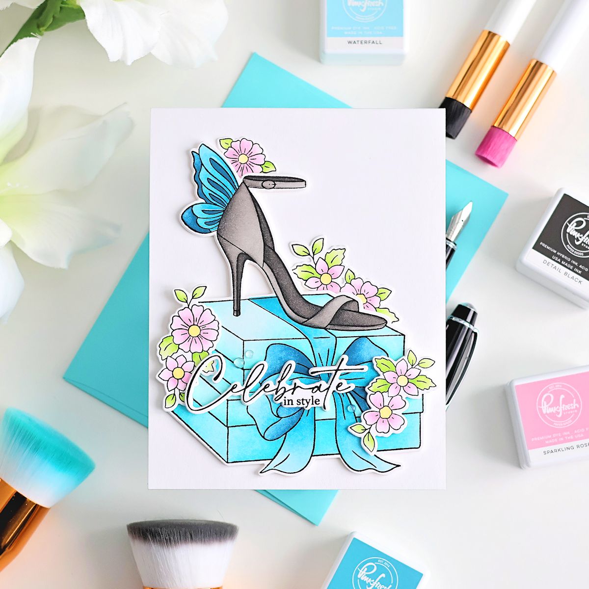 Pinkfresh Studio Step Into Style Stencils 315526 Celebrate In Style Card