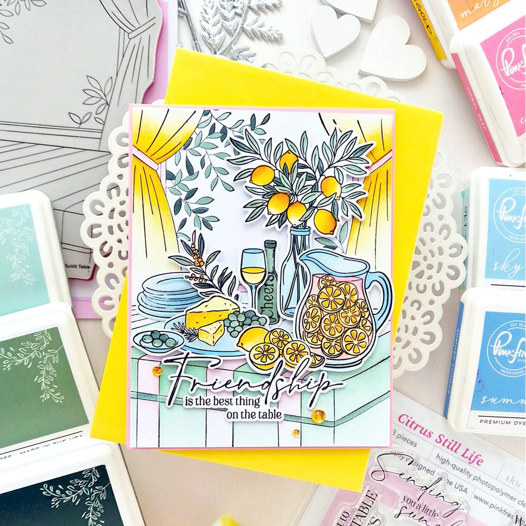 Pinkfresh Studio Sunlit Table Cling Stamp And Stencils Bundle Anett Friendship lemonade card